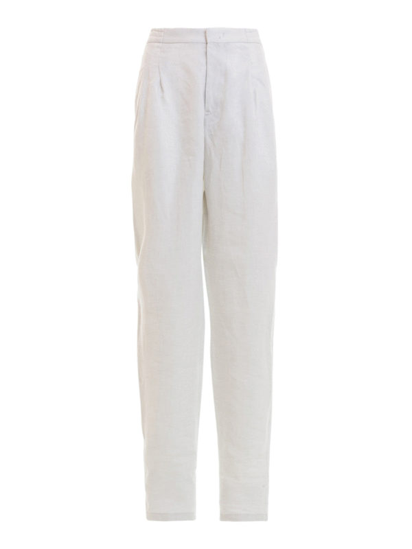 Emporio Armani Elastic Waist White Linen Trousers | ModeSens
