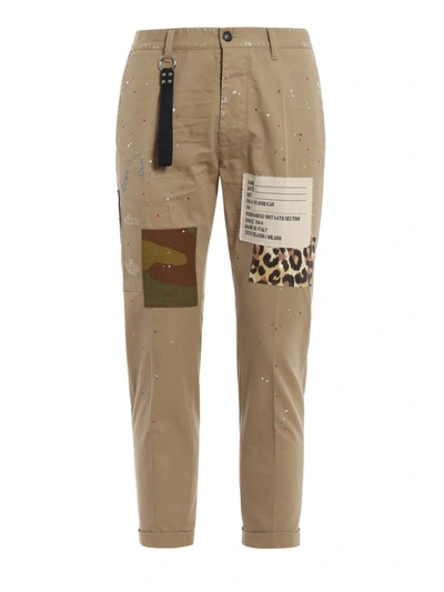 Shop Dsquared2 Paint Effect Cotton Trousers In Beige