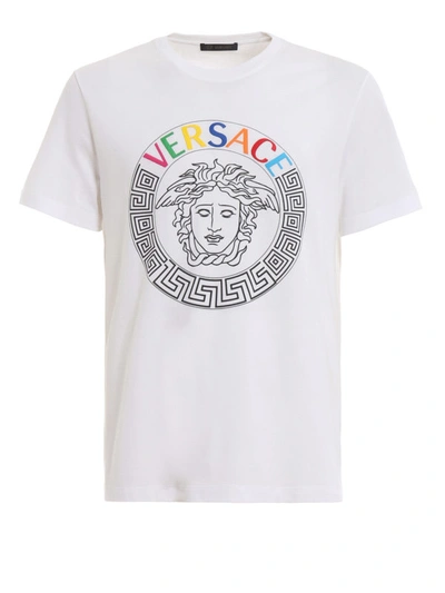 Shop Versace Multicolour Logo Embroidery White T-shirt