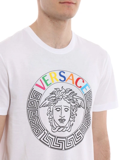 Shop Versace Multicolour Logo Embroidery White T-shirt