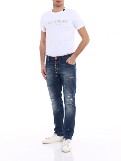 Shop Philipp Plein Stop Me Fluo Skull Jeans In Dark Wash