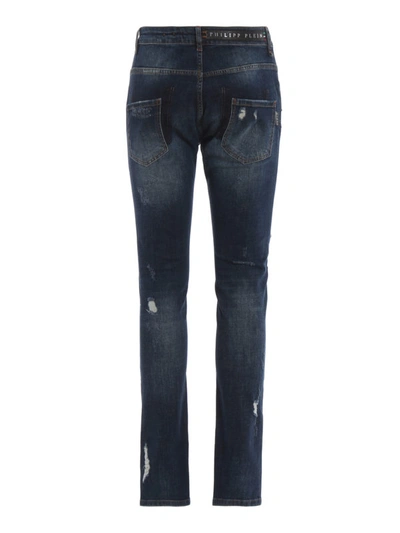 Shop Philipp Plein Super Straight Cut Distressed Statement Jeans In Medium Wash