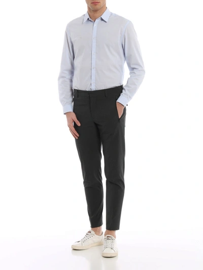 Shop Prada Gingham Stretch Techno Fabric Trousers In Dark Grey