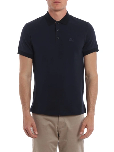 Shop Burberry Dark Blue Polo Shirt With Check Placket