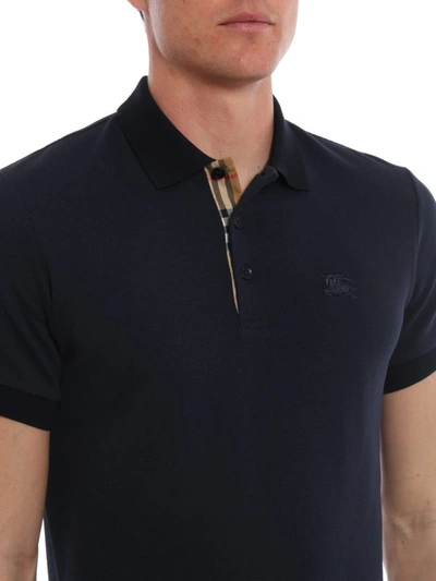 Shop Burberry Dark Blue Polo Shirt With Check Placket