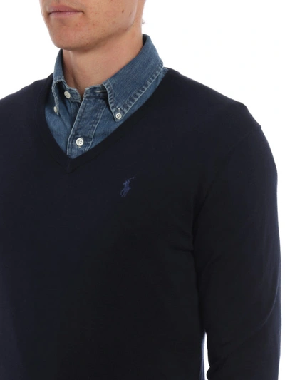 Shop Polo Ralph Lauren Dark Blue Cotton V-neck Pullover