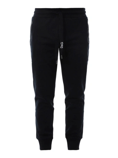 Shop Dolce & Gabbana Logo Embroidered Cotton Fleece Sweat Pants In Dark Blue