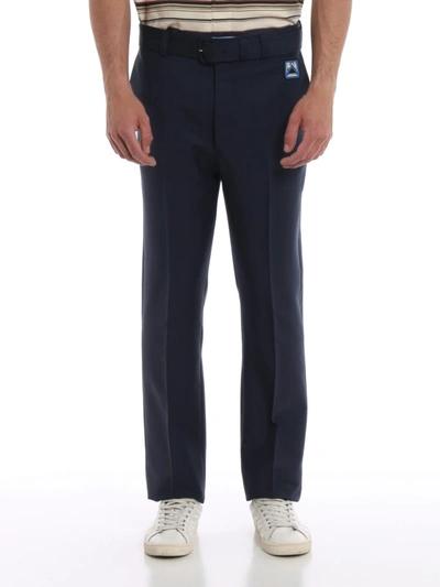 Shop Prada Belted Blue Mohair And Wool Blend Trousers