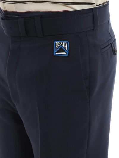 Shop Prada Belted Blue Mohair And Wool Blend Trousers