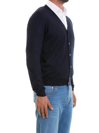 Shop Corneliani Dark Blue Cashmere And Silk Blend Cardigan