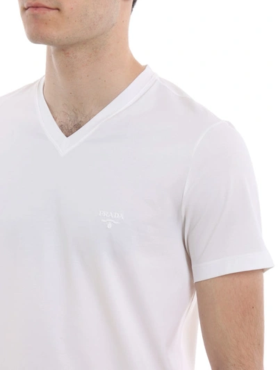 Shop Prada Logo Embroidery White Stretch V Neck T-shirt