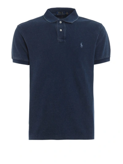 Shop Polo Ralph Lauren Dark Blue Pique Cotton Polo Shirt