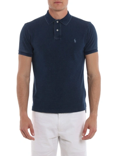 Shop Polo Ralph Lauren Dark Blue Pique Cotton Polo Shirt