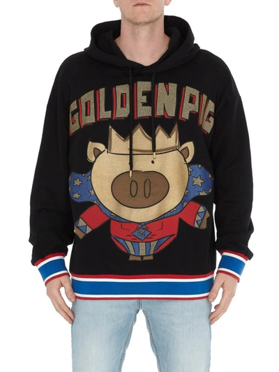 Shop Dolce & Gabbana Golden Pig Print Hoodie In Black