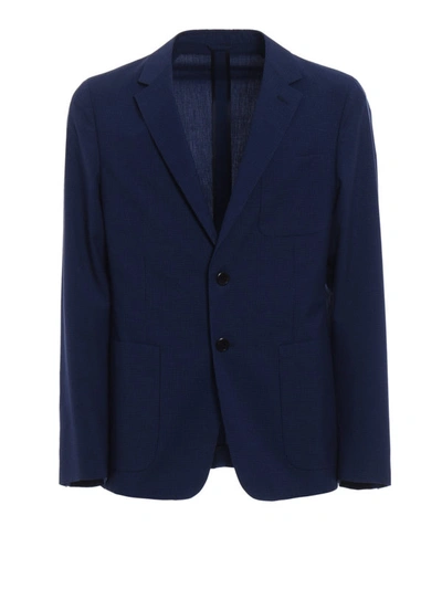 Shop Prada Wool Blend Micro Check Blazer In Blue