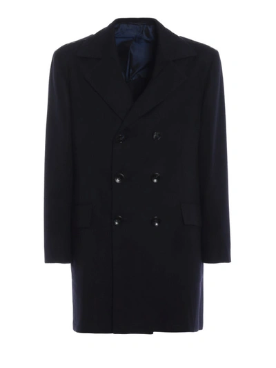 Shop Kiton Soft Cashmere Double-breasted Coat In Dark Blue