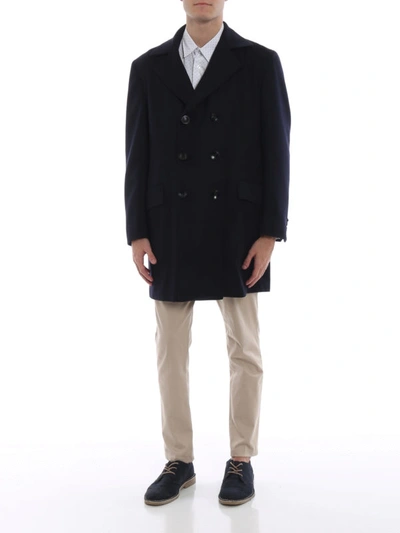 Shop Kiton Soft Cashmere Double-breasted Coat In Dark Blue