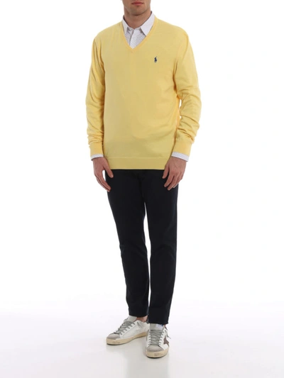 Shop Polo Ralph Lauren Slim Fit Yellow Cotton V-neck Sweater