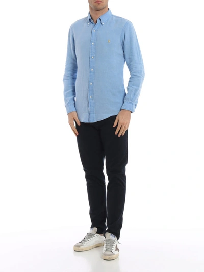 Shop Polo Ralph Lauren Light Blue Linen Bd Shirt