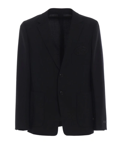 Shop Prada Hopsack Badge Pure Wool Blazer In Black
