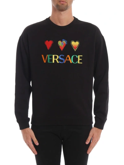 Shop Versace Embroidered Hearts And Logo Sweatshirt In Black