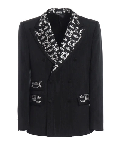 Shop Dolce & Gabbana Silk Blend Moire Dg Crown Blazer In Black