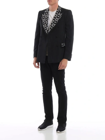 Shop Dolce & Gabbana Silk Blend Moire Dg Crown Blazer In Black