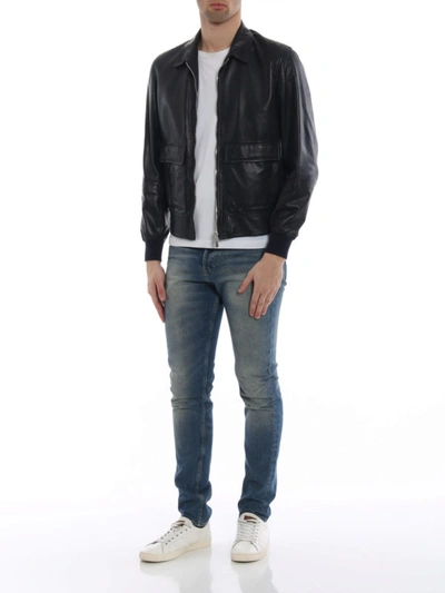 Shop Brunello Cucinelli Soft Leather Casual Jacket In Dark Blue