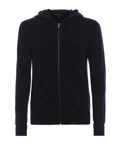 Shop Michael Kors Soft Cotton And Wool Hooded Zip Cardigan In Dark Blue