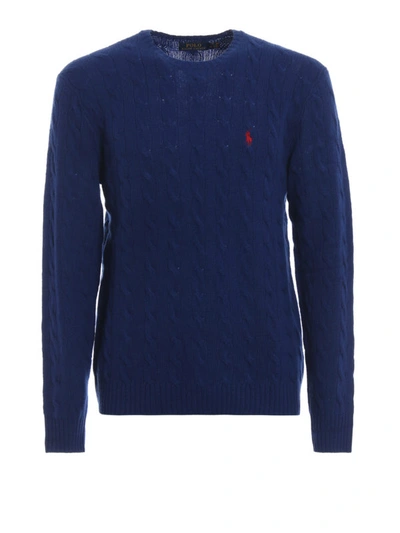 Shop Polo Ralph Lauren Blue Cable Knit Wool And Cashmere Sweater