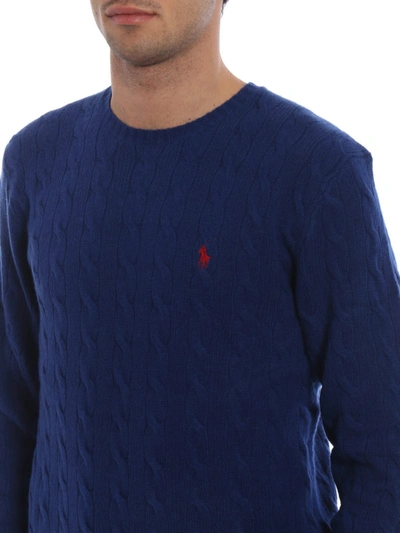 Shop Polo Ralph Lauren Blue Cable Knit Wool And Cashmere Sweater