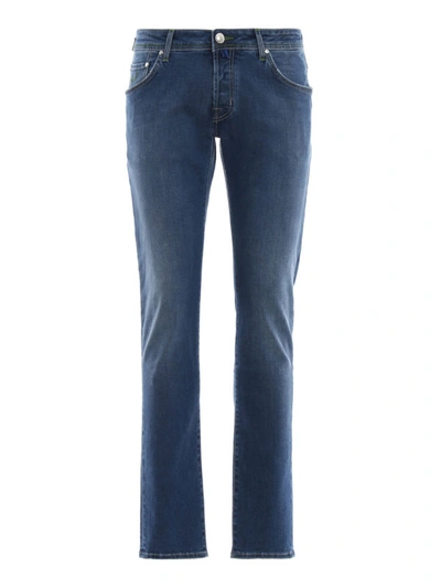 Shop Jacob Cohen Faded Stretch Denim Slim Fit Jeans In Medium Wash