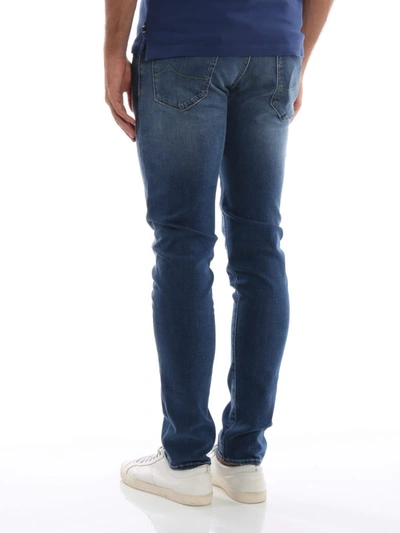 Shop Jacob Cohen Faded Stretch Denim Slim Fit Jeans In Medium Wash
