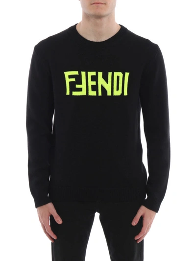 Shop Fendi Fluo Logo Intarsia Sweater In Black