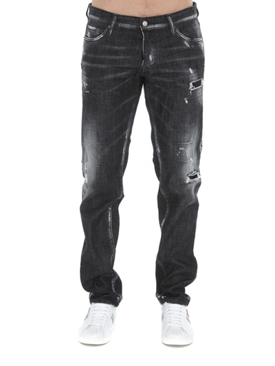 Shop Dsquared2 Slim Logo Detailed Ripped Cotton Jeans In Black