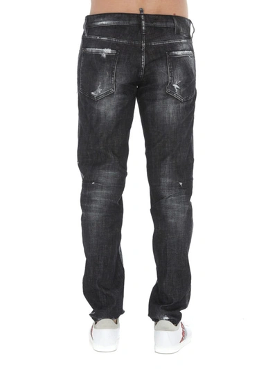 Shop Dsquared2 Slim Logo Detailed Ripped Cotton Jeans In Black