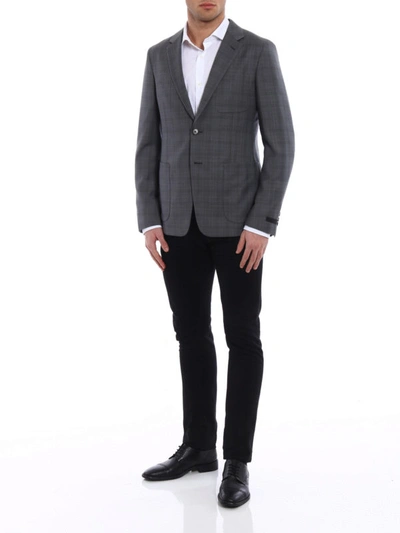 Shop Prada Check Wool Unstructured Blazer In Grey
