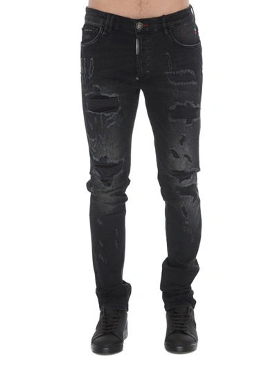 Shop Philipp Plein Statement Destroyed Jeans In Black