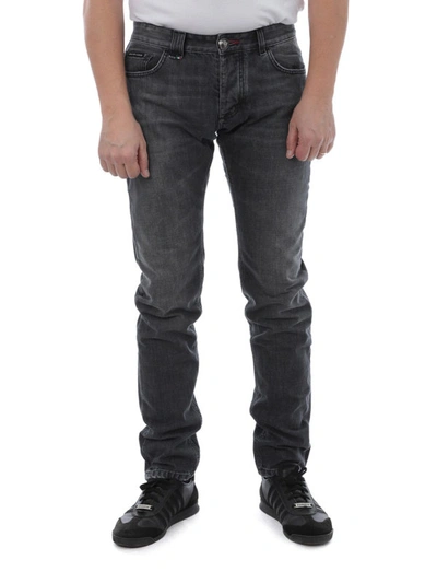 Shop Philipp Plein Dark Grey Cotton Denim Jeans