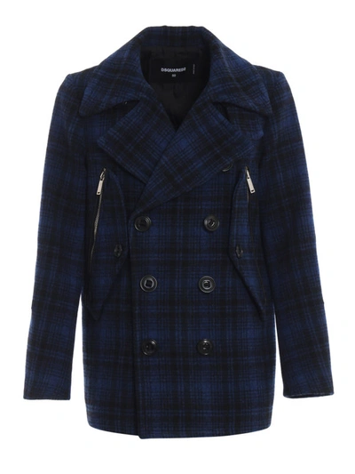 Shop Dsquared2 Checked Wool Single Breasted Peacoat In Dark Blue
