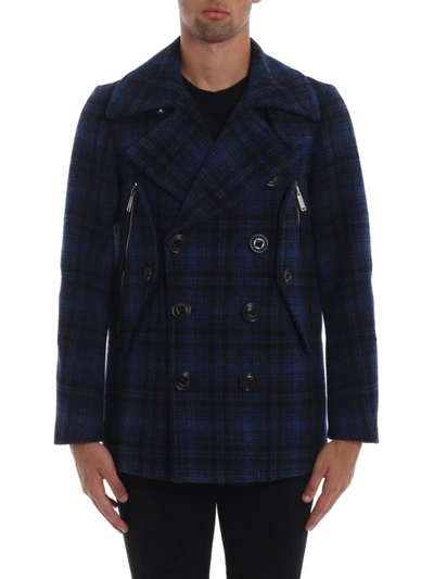 Shop Dsquared2 Checked Wool Single Breasted Peacoat In Dark Blue