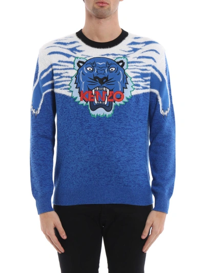 Shop Kenzo Claw Tiger Melange Cotton Sweater In Blue