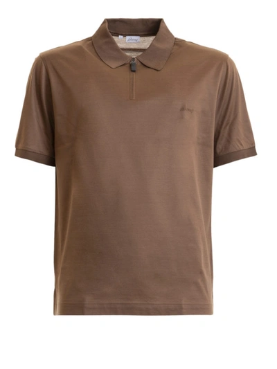 Shop Brioni Zipped Brown Polo Shirt
