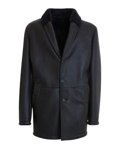 Shop Corneliani Leather Fur Detailed Short Coat In Blue