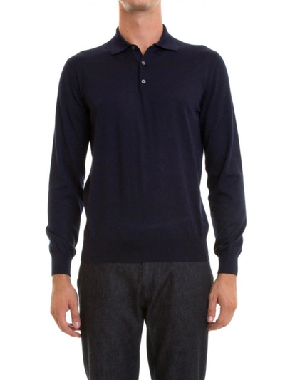 Shop Corneliani Long Sleeves Silk Blend Polo Shirt In Dark Blue