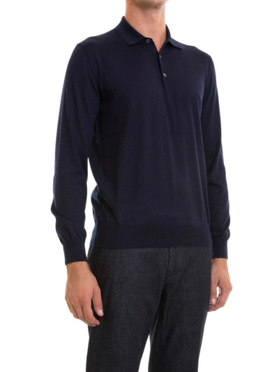 Shop Corneliani Long Sleeves Silk Blend Polo Shirt In Dark Blue