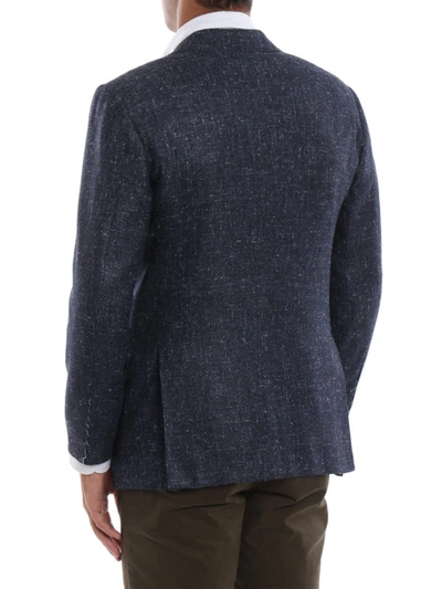 Shop Kiton Evo Silk And Wool Soft Melange Blazer In Blue