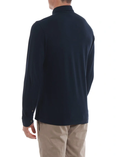 Shop Drumohr Long Sleeve Navy Blue Jersey Polo Shirt In Dark Blue