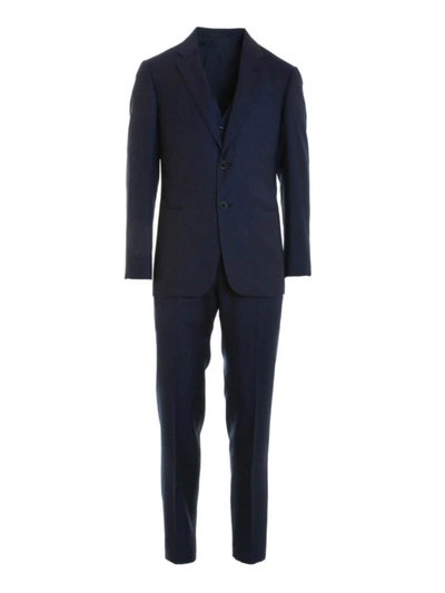 Shop Armani Collezioni Waistcoat Detailed Pattern Suit In Blue