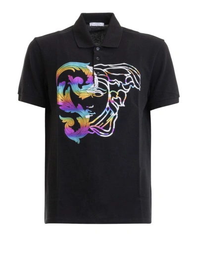 Shop Versace Multicolour Print Polo Shirt In Black